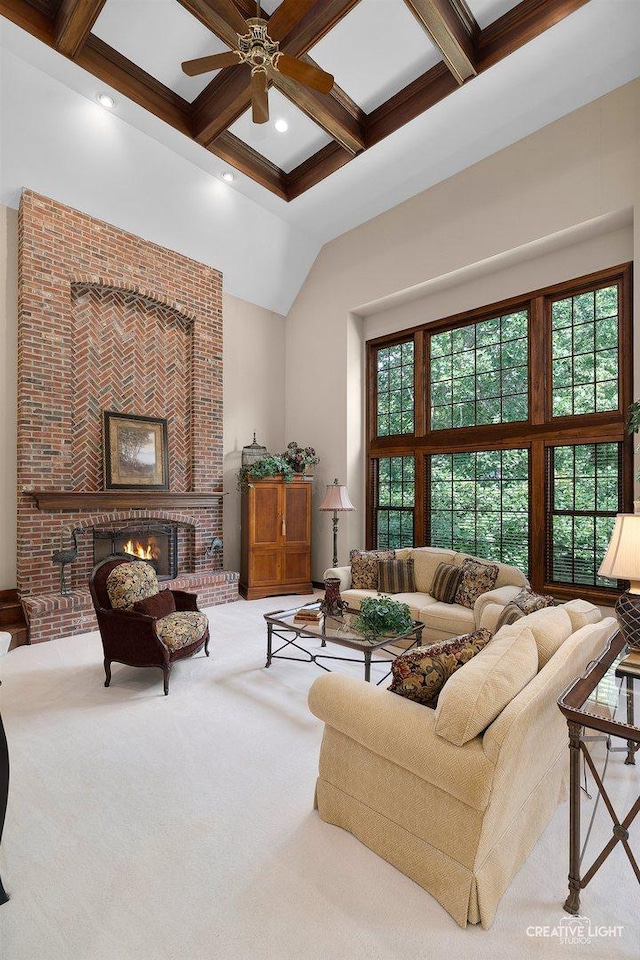 1105 Thoroughbred Cir, Saint Charles, IL 60174 - living room with carpet floors, coffered ceiling, a ceiling fan, beam ceiling, and a towering ceiling