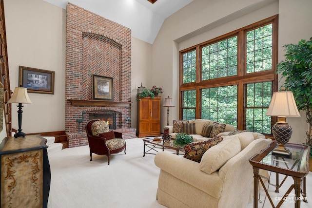 1105 Thoroughbred Cir, Saint Charles, IL 60174 - carpeted living area featuring high vaulted ceiling, healthy amount of natural light, and a fireplace
