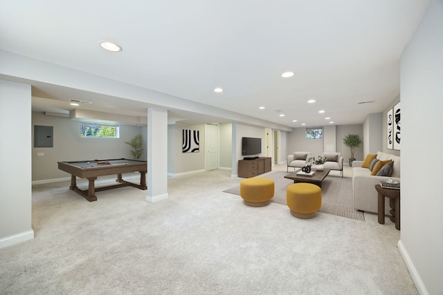 6037 N Nagle Ave, Chicago, IL 60646 - living room featuring billiards table, light colored carpet, recessed lighting, and electric panel