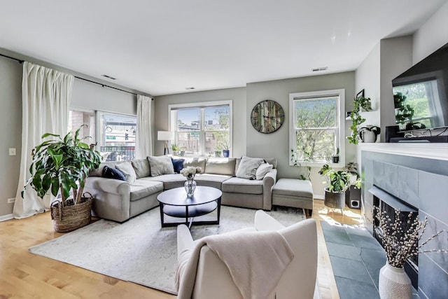 1601 N Paulina St Unit 2D, Chicago, IL 60622 - living room featuring plenty of natural light, a premium fireplace, and wood finished floors