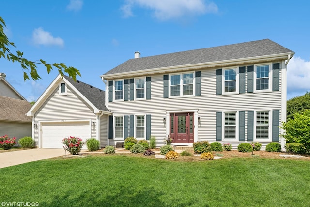 1460 Canter Ln, Bartlett, IL 60103 - colonial house with a garage, driveway, a front lawn, a chimney, and a shingled roof