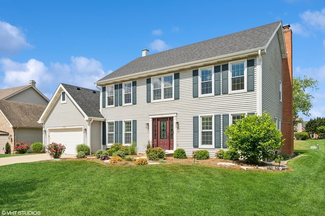 1460 Canter Ln, Bartlett, IL 60103 - colonial home featuring a chimney, an attached garage, a front yard, and driveway