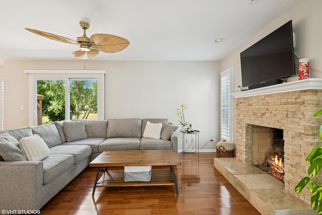1460 Canter Ln, Bartlett, IL 60103 - living room with hardwood / wood-style flooring, ceiling fan, a fireplace, and recessed lighting