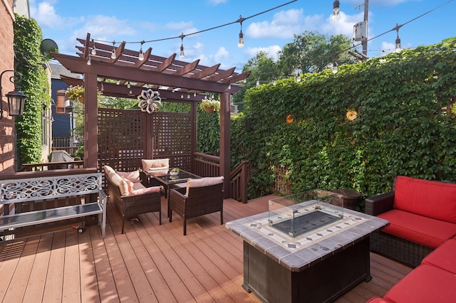 2446 N Janssen Ave, Chicago, IL 60614 - wooden terrace with an outdoor living space with a fire pit and a pergola
