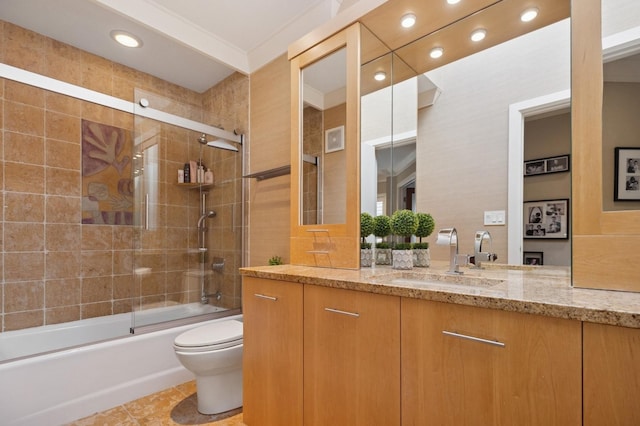 2446 N Janssen Ave, Chicago, IL 60614 - bathroom featuring vanity, enclosed tub / shower combo, tile patterned flooring, recessed lighting, and crown molding