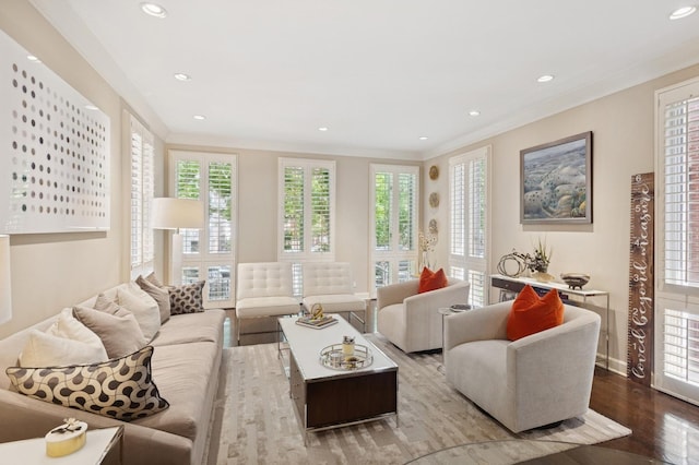 2446 N Janssen Ave, Chicago, IL 60614 - living room with crown molding, wood finished floors, and recessed lighting