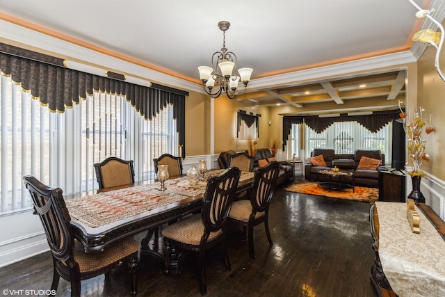 1325 Gunderson Ave, Berwyn, IL 60402 - dining space featuring a chandelier, coffered ceiling, hardwood / wood-style floors, ornamental molding, and beamed ceiling