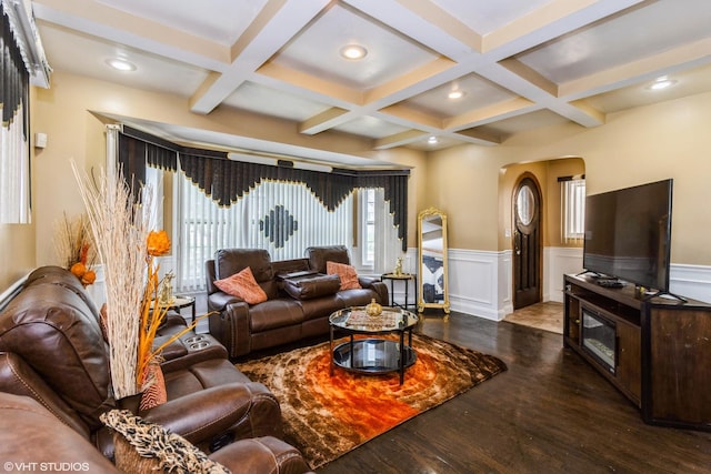 1325 Gunderson Ave, Berwyn, IL 60402 - living area featuring beamed ceiling, coffered ceiling, wood finished floors, a wainscoted wall, and arched walkways