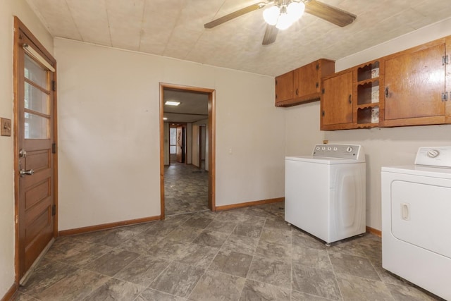 607 W Grant Ave, Pontiac, IL 61764 - washroom featuring cabinet space, washer and clothes dryer, a ceiling fan, and stone finish flooring