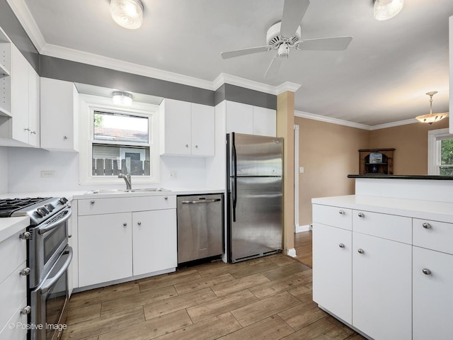 0S544 E St, Winfield, IL 60190 - kitchen with stainless steel appliances, crown molding, a ceiling fan, light wood-style floors, and white cabinets