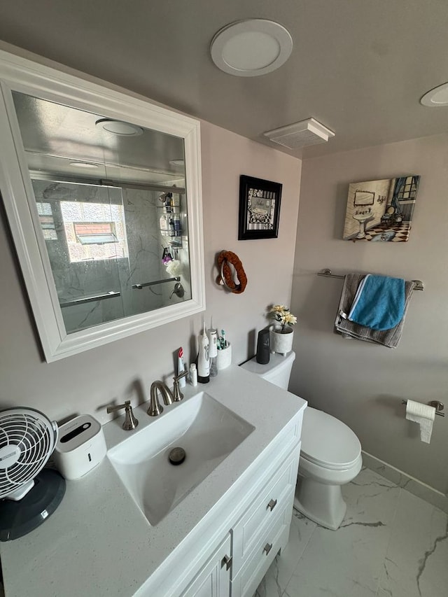 1720 N Major Ave, Chicago, IL 60639 - bathroom featuring marble look tiles, vanity, and an enclosed shower