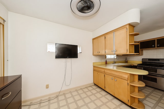 4732 S Lamon Ave, Chicago, IL 60638 - kitchen featuring open shelves, double oven range, light flooring, and backsplash