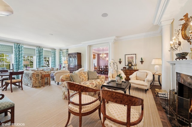 1500 N Lake Shore Dr Unit 5B, Chicago, IL 60610 - living room with decorative columns, ornamental molding, a high end fireplace, and a chandelier
