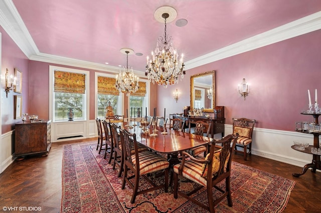 1500 N Lake Shore Dr Unit 5B, Chicago, IL 60610 - dining room featuring a chandelier, ornamental molding, a wainscoted wall, and a decorative wall