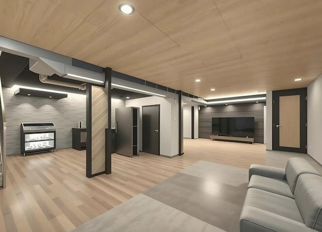 120 Madera Cir, Carpentersville, IL 60110 - finished below grade area featuring light wood-type flooring, wooden ceiling, freestanding refrigerator, and recessed lighting