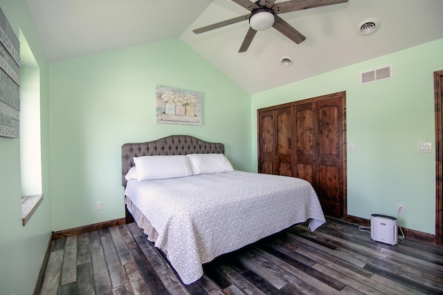 1553 Noble Quest Dr, Bourbonnais, IL 60914 - bedroom featuring dark wood finished floors, lofted ceiling, a closet, and ceiling fan