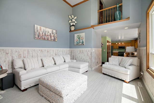 1553 Noble Quest Dr, Bourbonnais, IL 60914 - living area featuring wainscoting, light colored carpet, a towering ceiling, and crown molding
