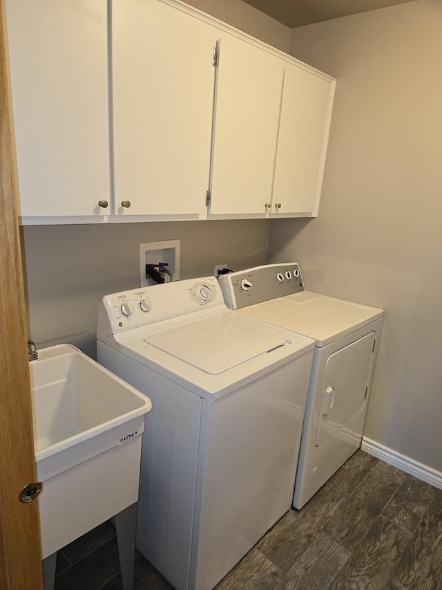 8452 Dunmore Dr, Tinley Park, IL 60487 - washroom featuring independent washer and dryer, cabinet space, and dark wood finished floors