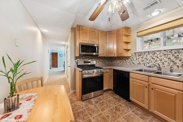 1885 Mcrae Ln, Mundelein, IL 60060 - kitchen featuring stainless steel appliances, tasteful backsplash, a paneled ceiling, ceiling fan, and light brown cabinets