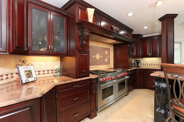 560 81st St, Burr Ridge, IL 60527 - kitchen featuring double oven range, dark brown cabinets, backsplash, light stone counters, and recessed lighting