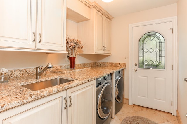 560 81st St, Burr Ridge, IL 60527 - laundry area featuring separate washer and dryer, cabinet space, and light tile patterned flooring