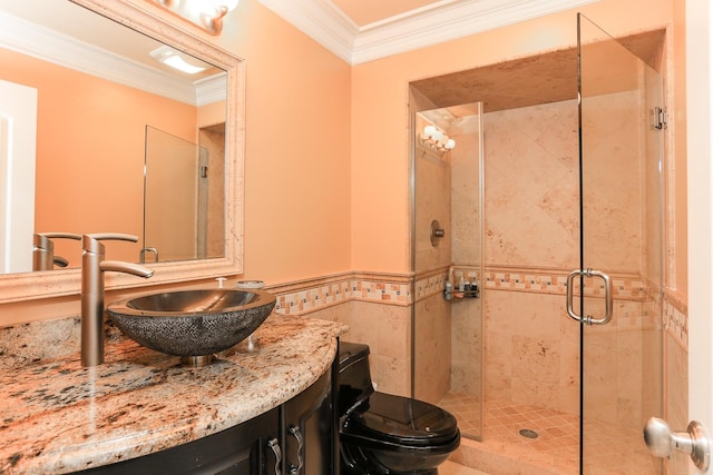 560 81st St, Burr Ridge, IL 60527 - full bathroom with crown molding, a stall shower, vanity, tile walls, and a wainscoted wall