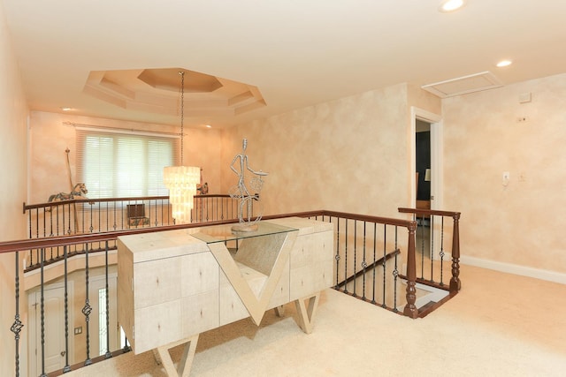 560 81st St, Burr Ridge, IL 60527 - corridor featuring an upstairs landing, a tray ceiling, carpet floors, a chandelier, and recessed lighting