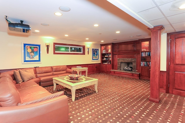 560 81st St, Burr Ridge, IL 60527 - living area featuring decorative columns, wainscoting, carpet, recessed lighting, and a fireplace