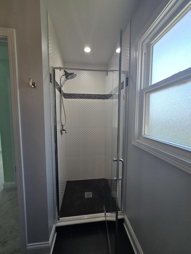 1807 W Locust Ln, Mount Prospect, IL 60056 - bathroom with a stall shower, healthy amount of natural light, recessed lighting, and tile patterned flooring