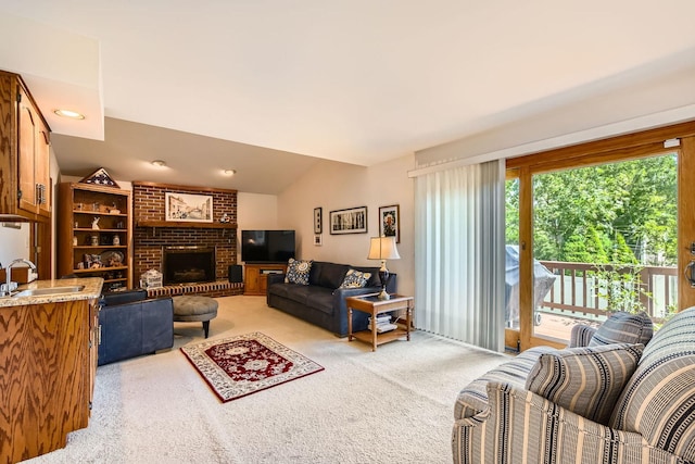 3825 Charlemagne Dr, Hoffman Estates, IL 60192 - living room featuring light colored carpet, lofted ceiling, and a fireplace