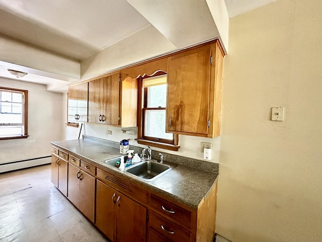 673 Parkway Ave, Elgin, IL 60120 - kitchen with plenty of natural light, brown cabinetry, and a baseboard radiator