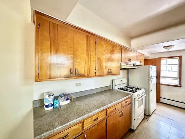673 Parkway Ave, Elgin, IL 60120 - kitchen featuring white gas range, a baseboard radiator, brown cabinetry, and under cabinet range hood