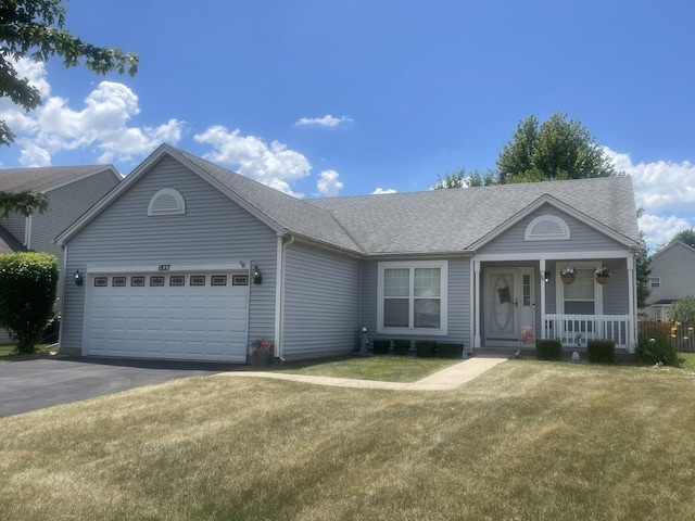 1827 Arbor Falls Dr, Plainfield, IL 60586 - ranch-style house with an attached garage, covered porch, a shingled roof, and asphalt driveway