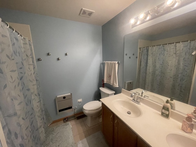 1827 Arbor Falls Dr, Plainfield, IL 60586 - bathroom with double vanity, tile patterned floors, heating unit, and a shower with shower curtain