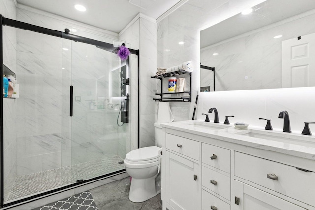 515 Declaration Ln Unit 1401, Aurora, IL 60502 - bathroom featuring double vanity, a marble finish shower, and recessed lighting