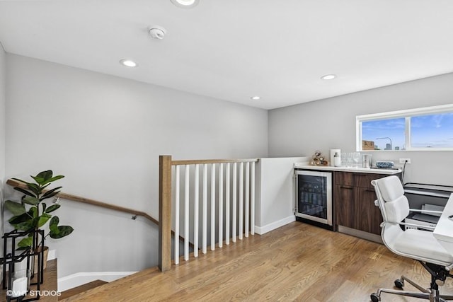 2237 N Hoyne Ave Unit 3S, Chicago, IL 60647 - office area with beverage cooler, a dry bar, light wood-type flooring, and recessed lighting