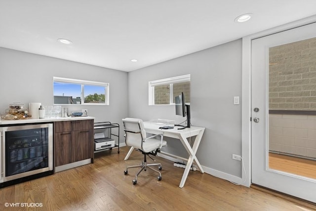 2237 N Hoyne Ave Unit 3S, Chicago, IL 60647 - office with beverage cooler, light wood-style floors, a dry bar, and recessed lighting