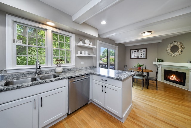 74 White Oak Cir, Saint Charles, IL 60174 - kitchen featuring dishwasher, beam ceiling, light wood-type flooring, a peninsula, and stone counters