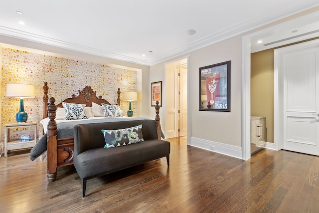 159 E Walton Pl Unit 5C, Chicago, IL 60611 - bedroom featuring ornamental molding, wood finished floors, wallpapered walls, and recessed lighting