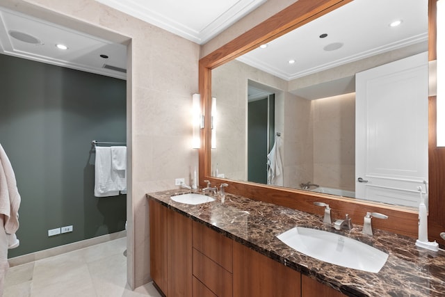 159 E Walton Pl Unit 5C, Chicago, IL 60611 - full bathroom featuring crown molding, double vanity, and recessed lighting