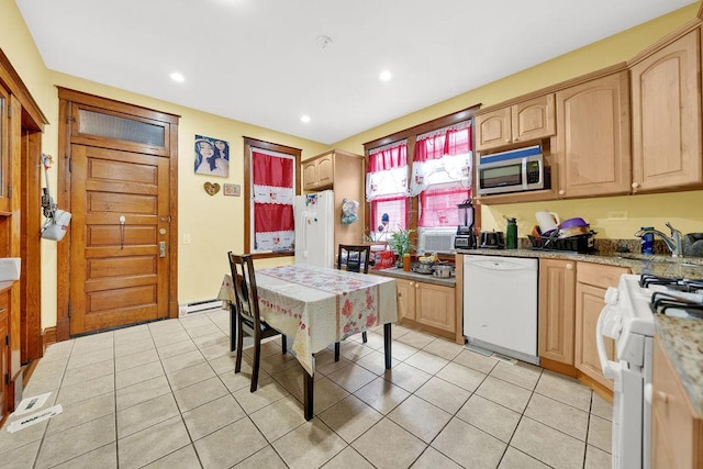 3209 S Harding Ave, Chicago, IL 60623 - kitchen with white appliances, light brown cabinets, light tile patterned floors, a baseboard radiator, and recessed lighting