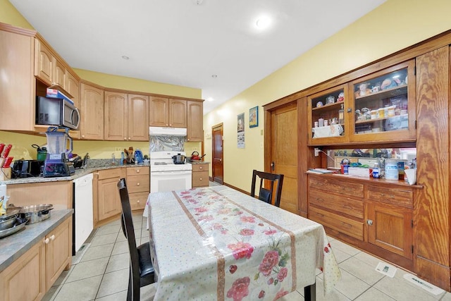 3209 S Harding Ave, Chicago, IL 60623 - kitchen featuring white appliances, light tile patterned flooring, under cabinet range hood, glass insert cabinets, and recessed lighting