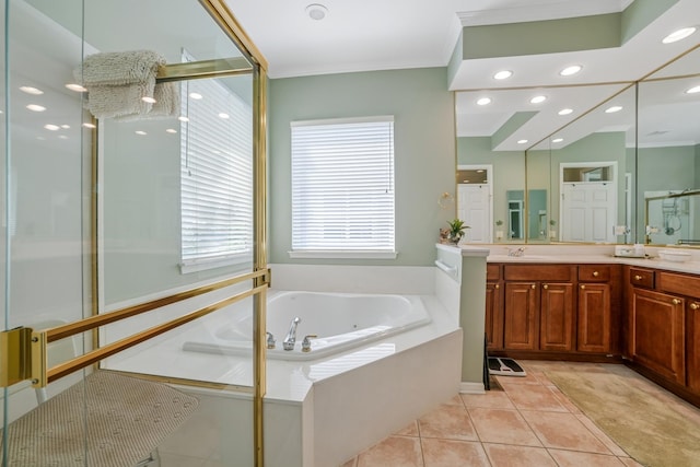 12663 Cold Springs Dr, Huntley, IL 60142 - full bath featuring vanity, a whirlpool tub, a stall shower, tile patterned floors, and ornamental molding