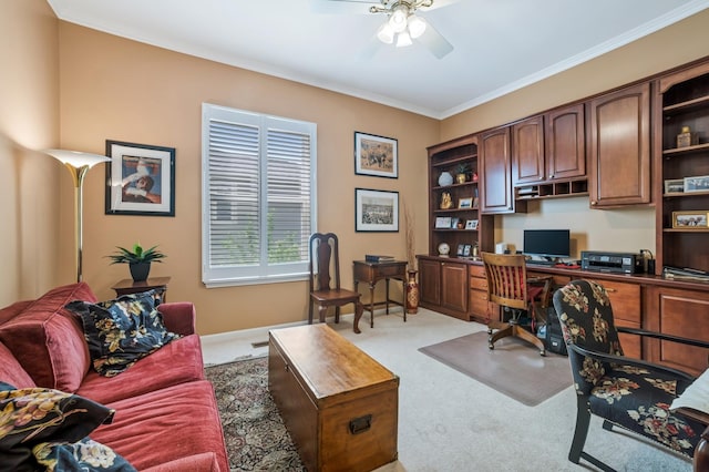 12663 Cold Springs Dr, Huntley, IL 60142 - carpeted office space with ceiling fan, ornamental molding, and built in desk