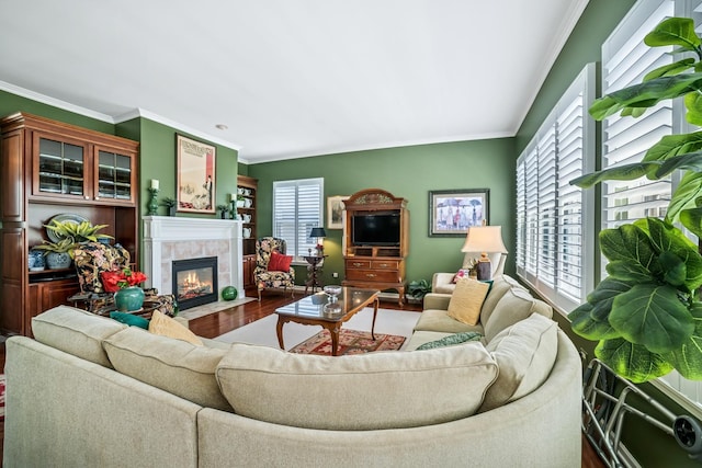 12663 Cold Springs Dr, Huntley, IL 60142 - living area featuring ornamental molding, a tile fireplace, and wood finished floors