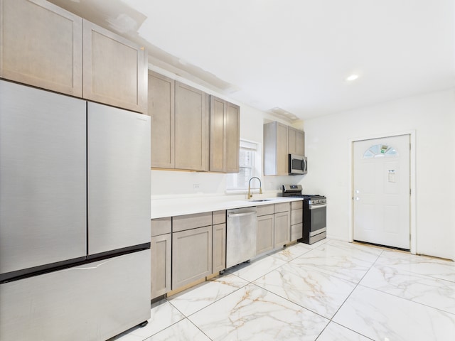 8015 S Paxton Ave, Chicago, IL 60617 - kitchen with stainless steel appliances, light countertops, light marble finish floors, and recessed lighting