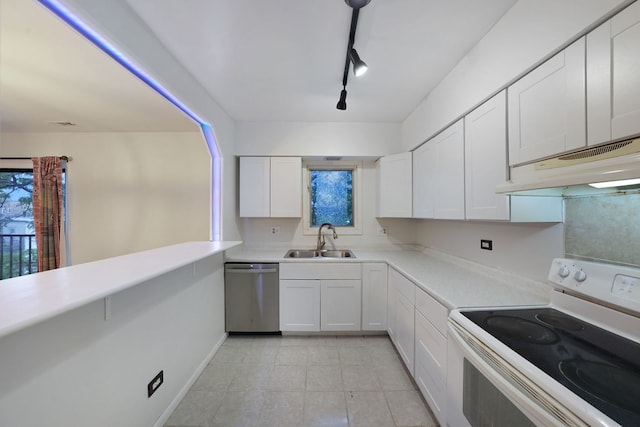 5200 N Rockwell St Unit 3N, Chicago, IL 60625 - kitchen with white range with electric stovetop, dishwasher, under cabinet range hood, white cabinetry, and light countertops