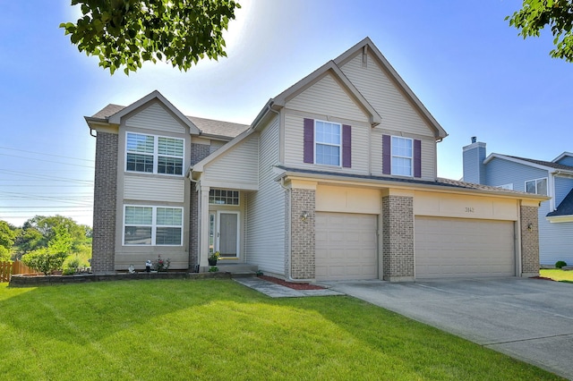3142 Bennett Pl, Aurora, IL 60502 - view of front facade with concrete driveway, a front lawn, brick siding, and a garage