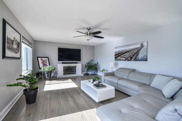 3142 Bennett Pl, Aurora, IL 60502 - living area featuring ceiling fan, wood finished floors, and a fireplace