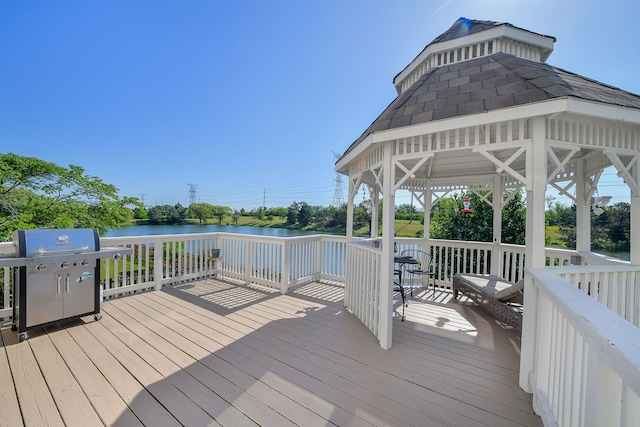 3142 Bennett Pl, Aurora, IL 60502 - wooden terrace with a grill, a gazebo, and a water view